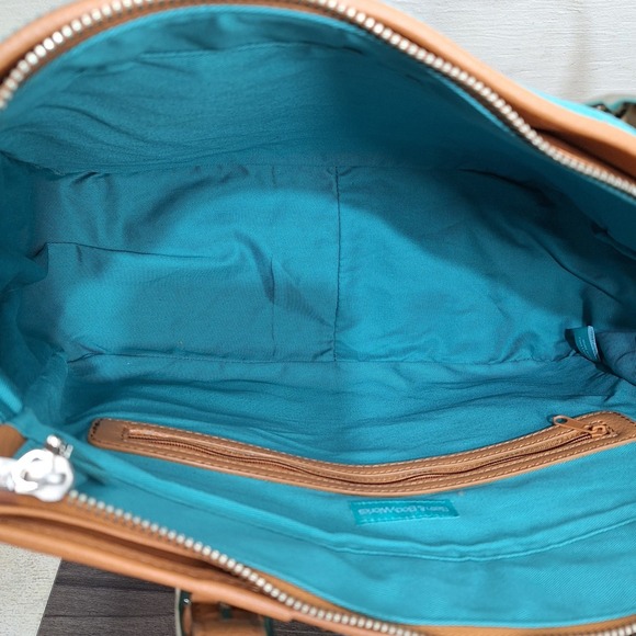 Bath & Body Works Teal Corduroy Tan Faux Leather Tote Shoulder Bag Buckle Accent - Picture 5 of 15
